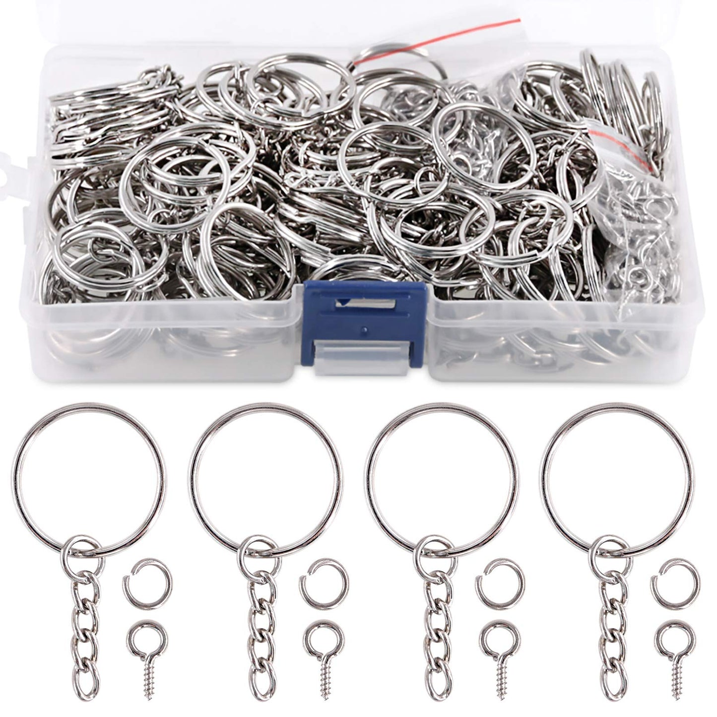 450Pcs 1" 25mm Sliver Key Chain Rings Kit, Including 150Pcs Keychain Rings with Chain and 150Pcs Jump Ring with 150Pcs Screw Eye Pins Bulk for Jewelry Findings Making (Sliver)