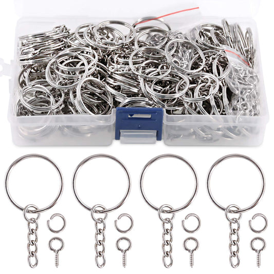 450Pcs 1" 25mm Sliver Key Chain Rings Kit, Including 150Pcs Keychain Rings with Chain and 150Pcs Jump Ring with 150Pcs Screw Eye Pins Bulk for Jewelry Findings Making (Sliver)
