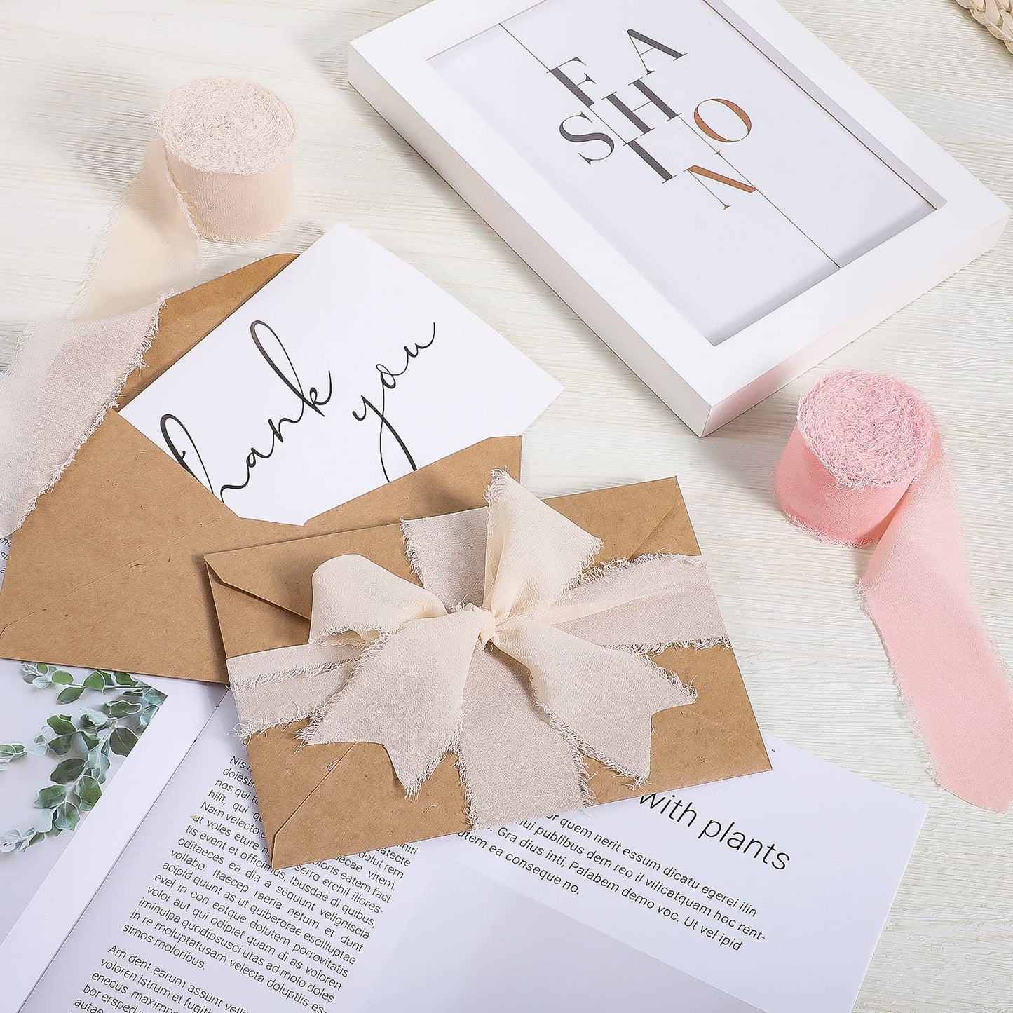 4 Rolls Pink & Cream Chiffon Ribbon for Gift Wrapping, 1.5 Inch × 8 Yards Pink Ribbon Valentines Ribbon for Wedding Party Valentine's Day Decorations, Flower Bouquet Wrapping, Pink Bows Making