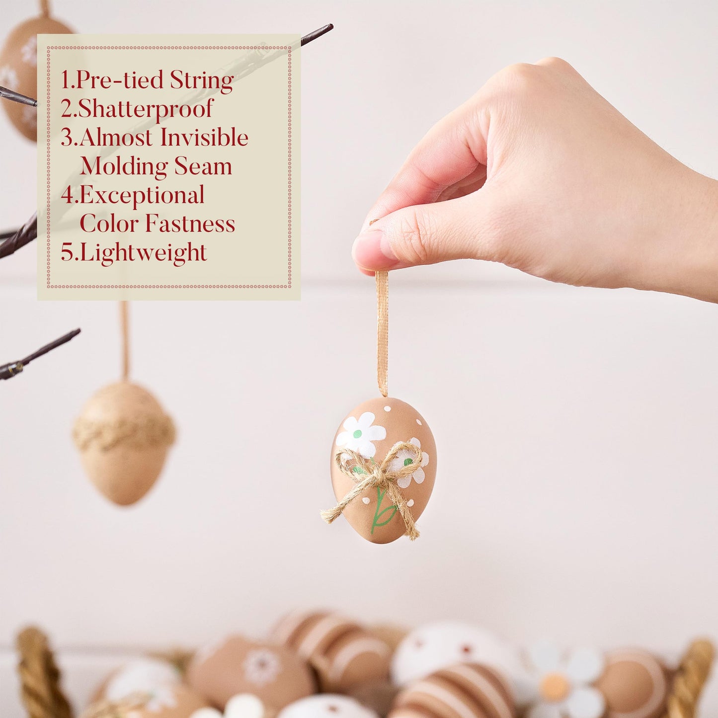 12Pcs Plastic Easter Eggs Ornaments Tree Decoration, 2" Neutral Beige White Easter Eggs Bulk, Shatterproof Decorative Hanging Decorations for Spring Holiday Party Decor