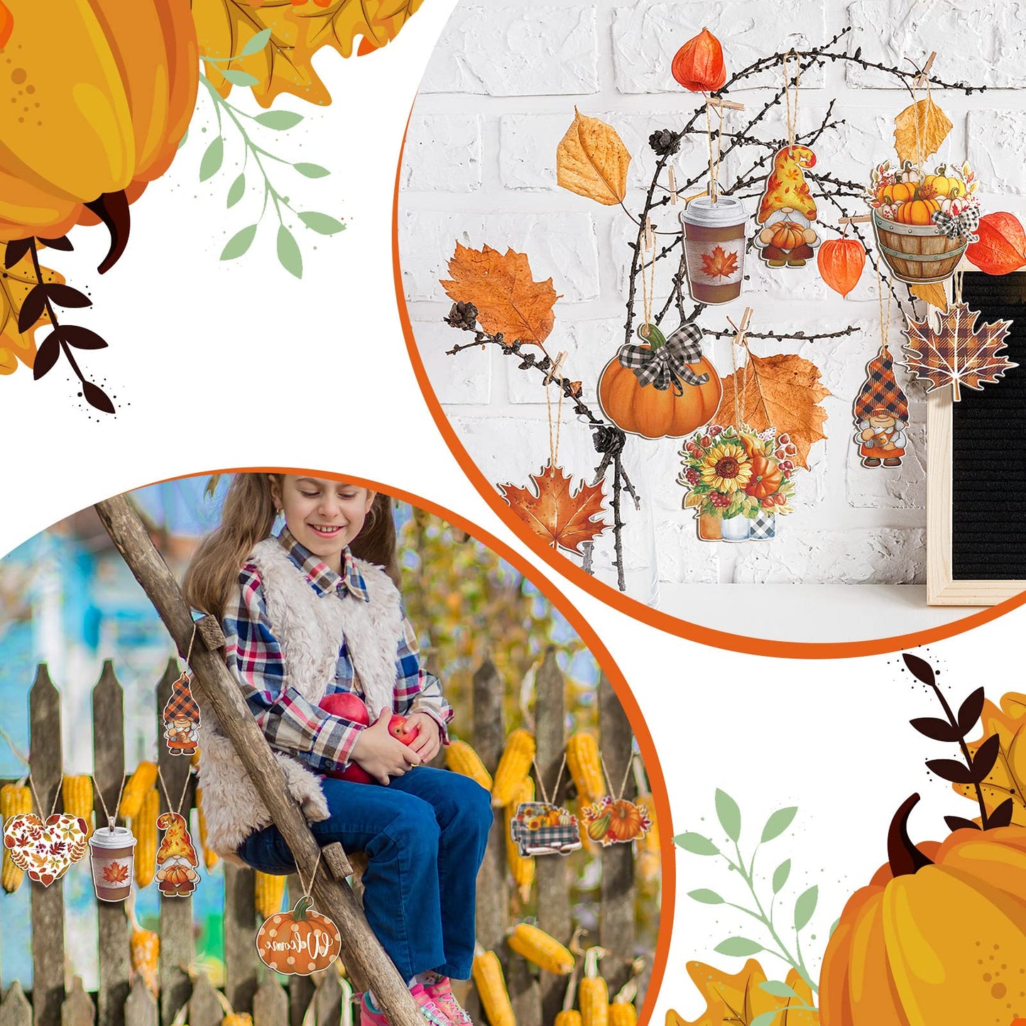 FairySandy 36 Pcs Fall Tree Decorations Thanksgiving Gnomes Ornaments for Tree Wooden Hanging Ornaments Pumpkins Leaves Flowers Cutouts Autumn Decorations for Holiday Party Supply(Cute Style)