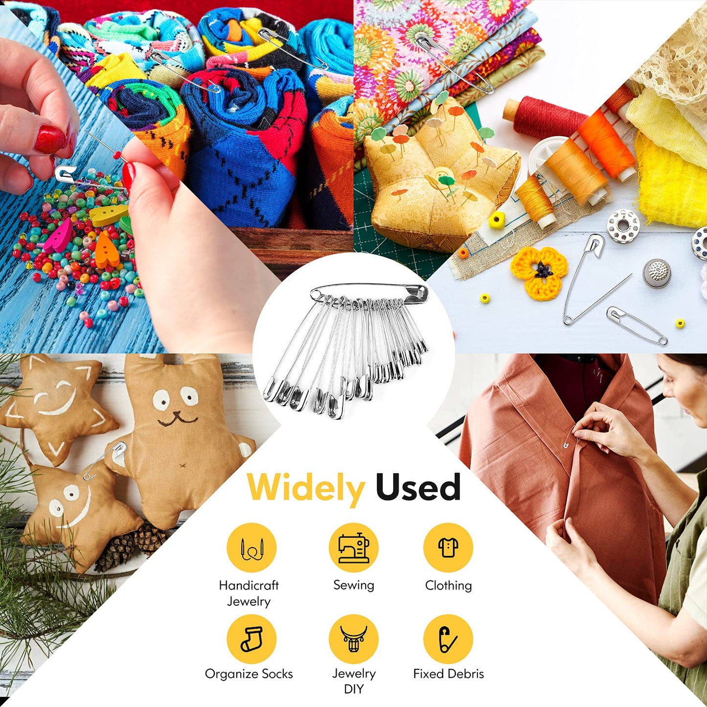 340 Pack Safety Pins Assorted, 5 Different Sizes Small and Large Safety Pins, Safety Pins for Clothes Halloween Costume Pins Sewing, Nickel Plated Steel Pin Bulk, Arts and Crafts Supplies (Silver)