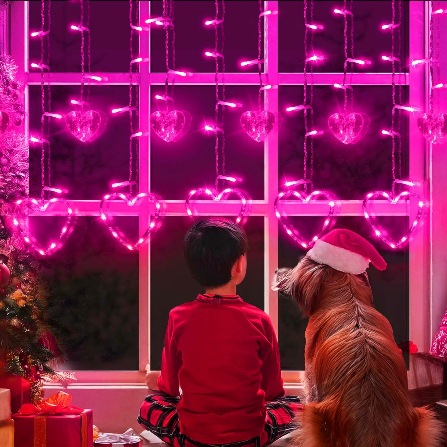 Valentine's Day Decoration, 138 LED Connectable Heart Curtain Lights with 8 Twinkle Modes, Plug in Pink Heart-Shaped Icicle Lights for Indoor Outdoor Garden Party Wedding Valentines Day Decor
