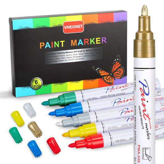 VHEONET 6 Colors Paint Pens Markers - Permanent Oil Based Paint Markers for Metal Wood, Paint Pens for Fabric Paint Ceramic Plastic Canvas Rock Painting Glass Tire, Waterproof for Adults