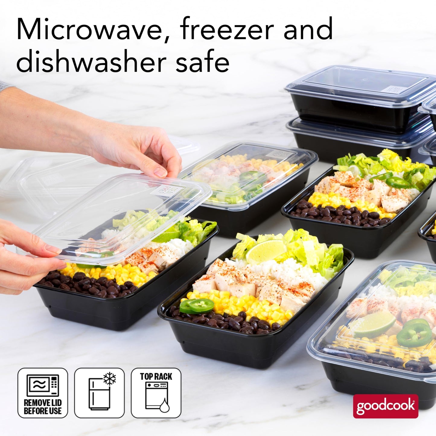 GoodCook Meal Prep Containers, Single Compartment 10-Pack, BPA-Free Reusable Food Storage, Black, Microwave & Freezer Safe, Stackable Meal Prep Containers for Lunches and Snacks