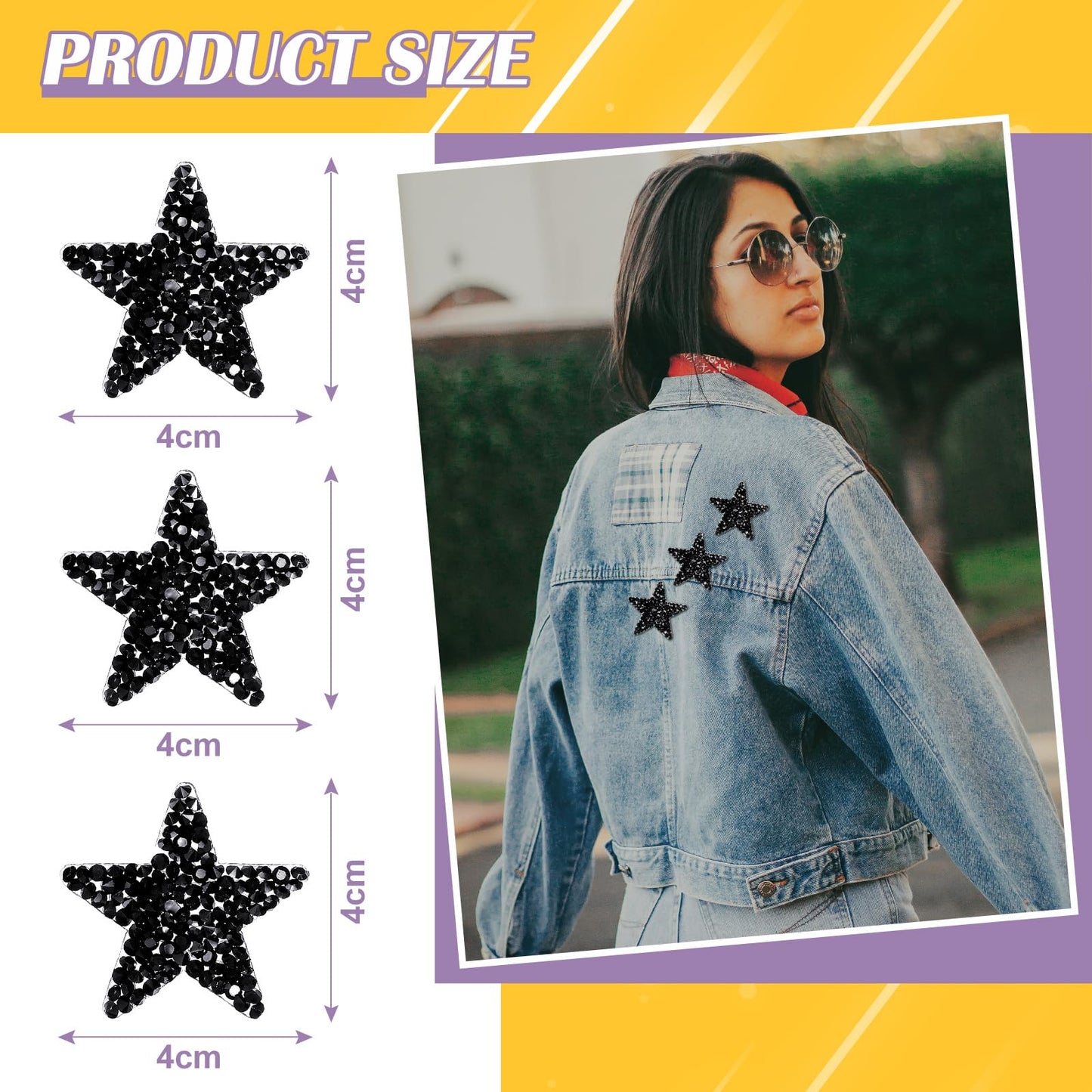 Syhood 24 Pcs Star Patches Iron on Rhinestone Adhesive Sequin Glitter Star Patches Appliques for Graduation Holiday Wedding Clothing Jeans Repair Decors(1.57 Inch,Black)