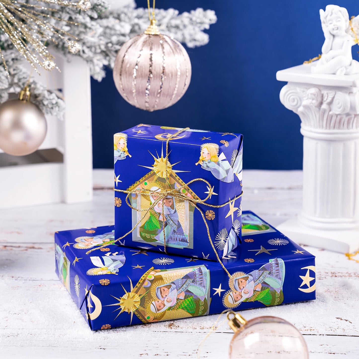 Christmas Wrapping Paper - Mini Roll - 17 Inch x 33 Feet - Blue Little Angel Wrapping Paper for Christmas, Holiday, Party Celebration