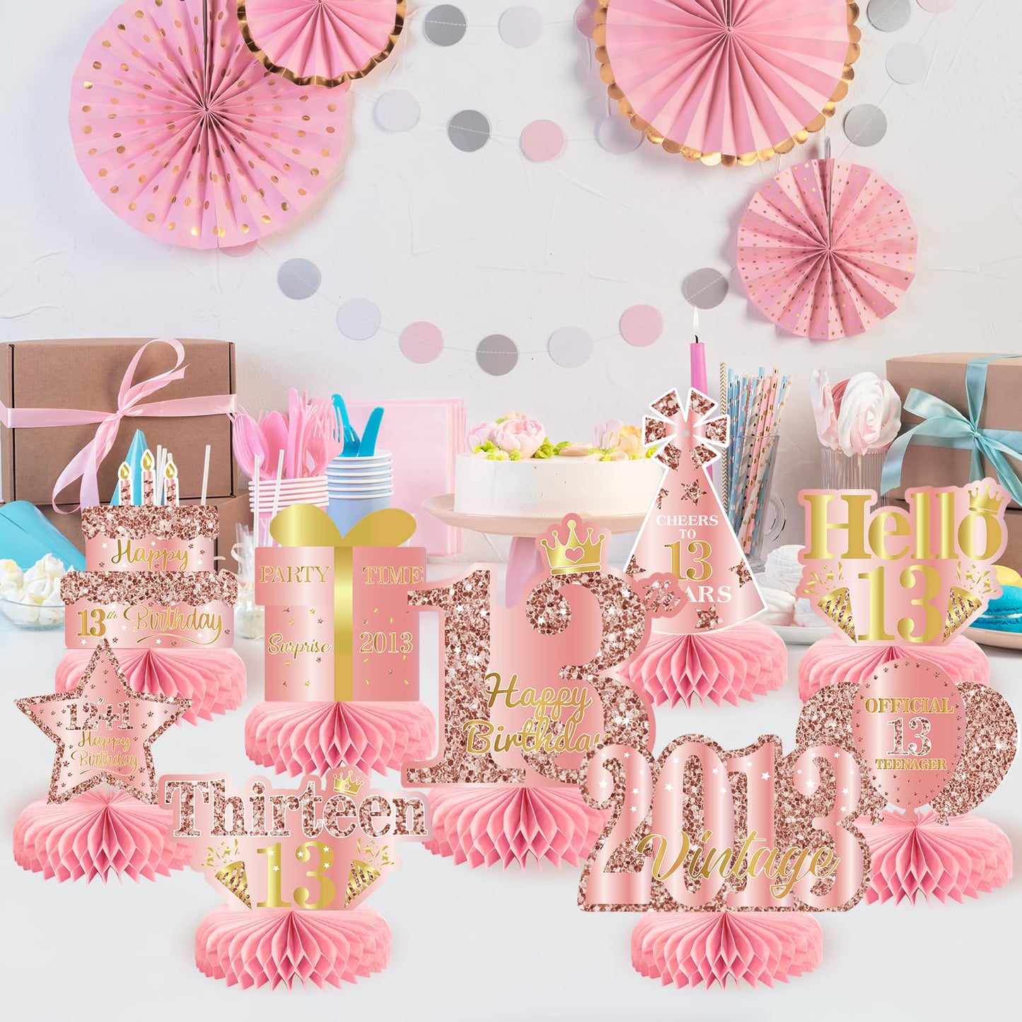 9Pcs 13th Birthday Decorations Rose Gold 13th Birthday Party Decorations for Girls,Pink Happy 13 Years Honeycomb Centerpieces Table Sign Decor Supplies