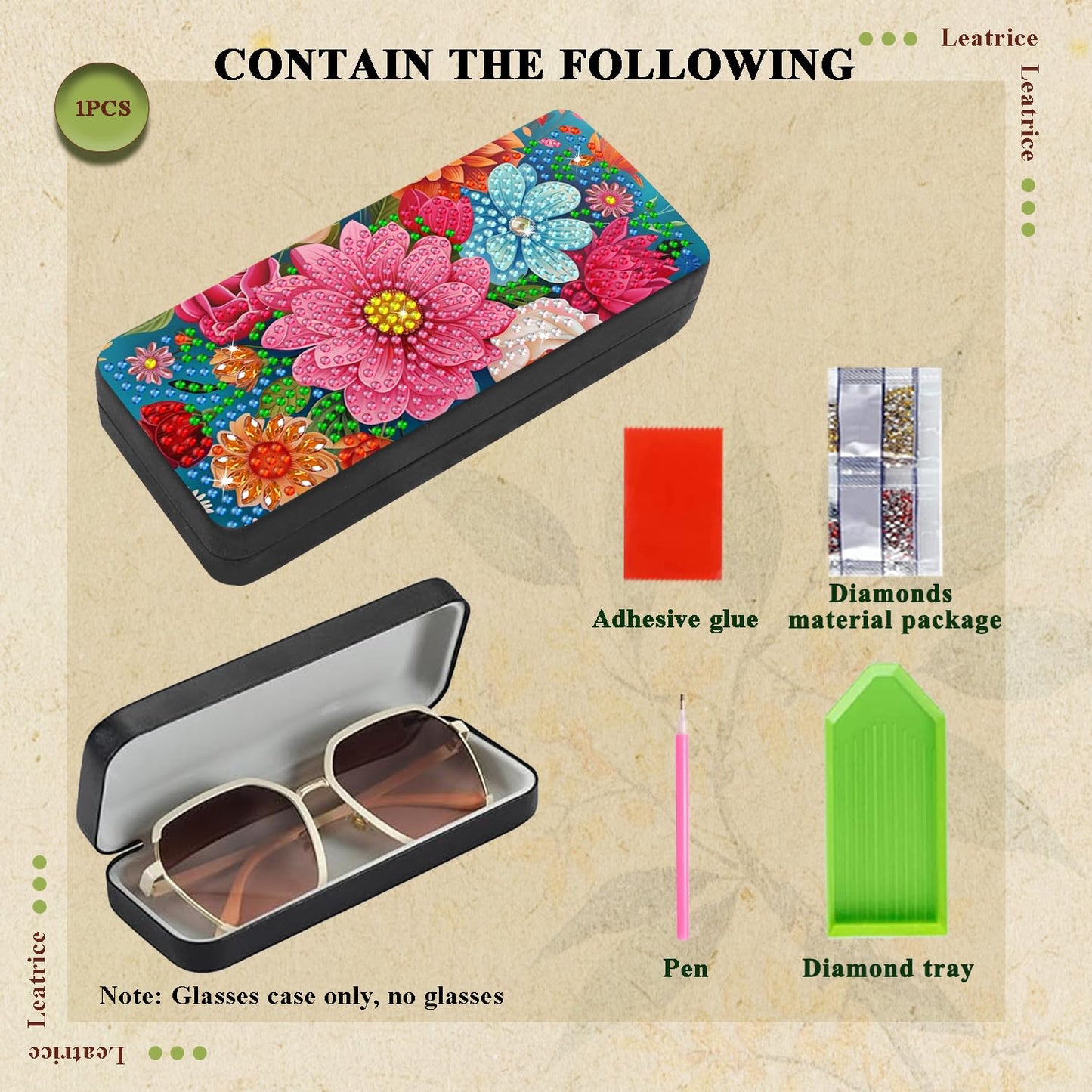 Leatrice Flower Diamond Art Kits for Adults Small Diamond Painting Kits Diamond Dots Gem Art Painting DIY Eyeglasses Case with Special Shaped Rhinestone for Beginner Women