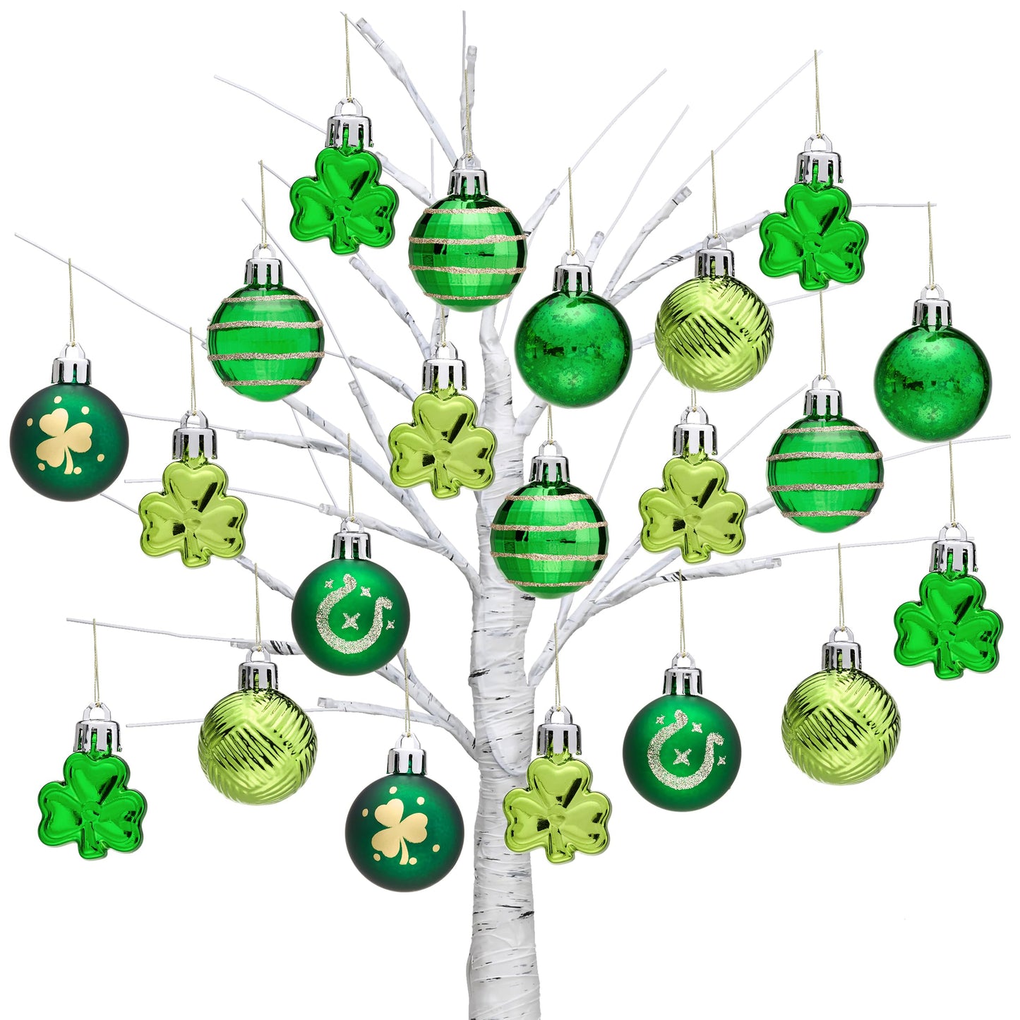 Valery Madelyn St Patricks Day Decorations Shamrock Tree Ornament Set, 28pcs 1.57inch Hanging Ball Ornament Irish Festival Decor, Good Luck Clover Green Gold Christmas Ball for Party Home Spring
