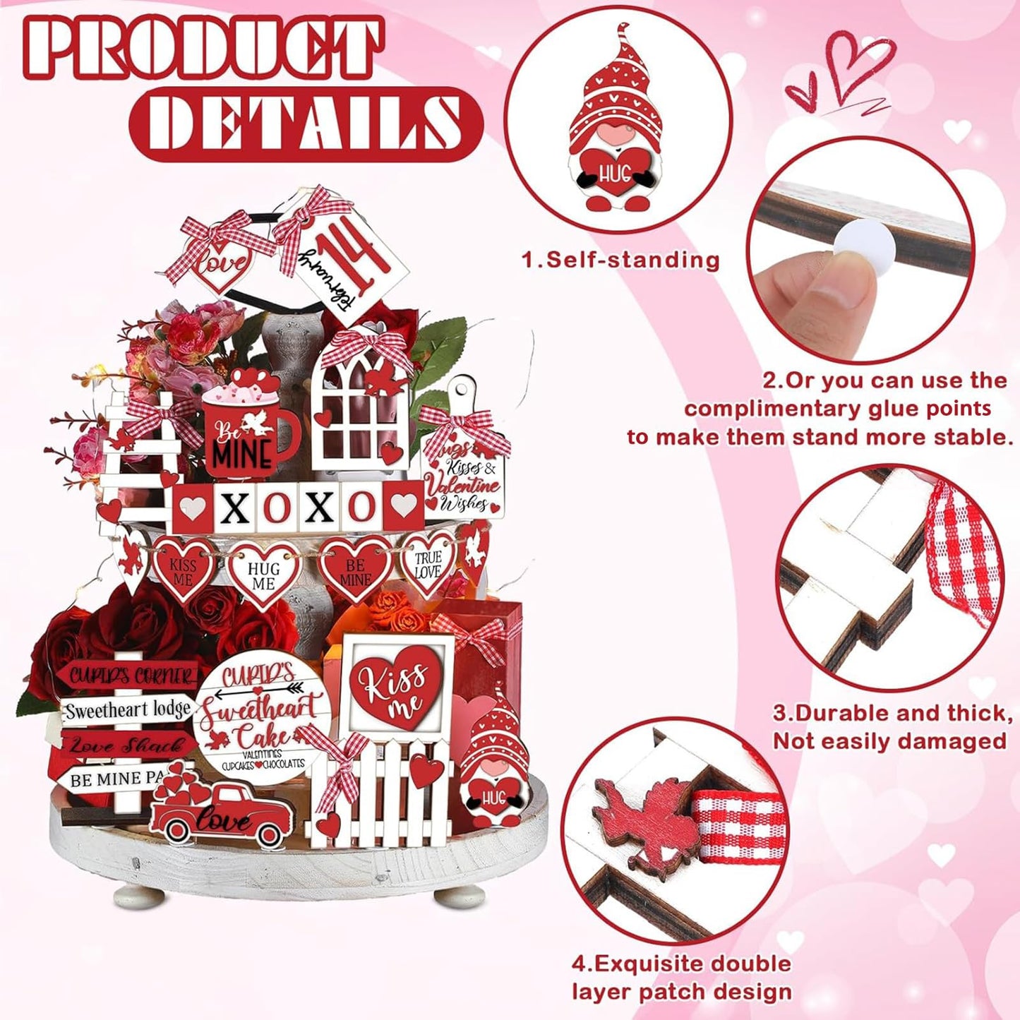 24 Pcs Valentine's Day Tiered Tray Decorations Farmhouse Gnome Heart Wooden (Tray not included)