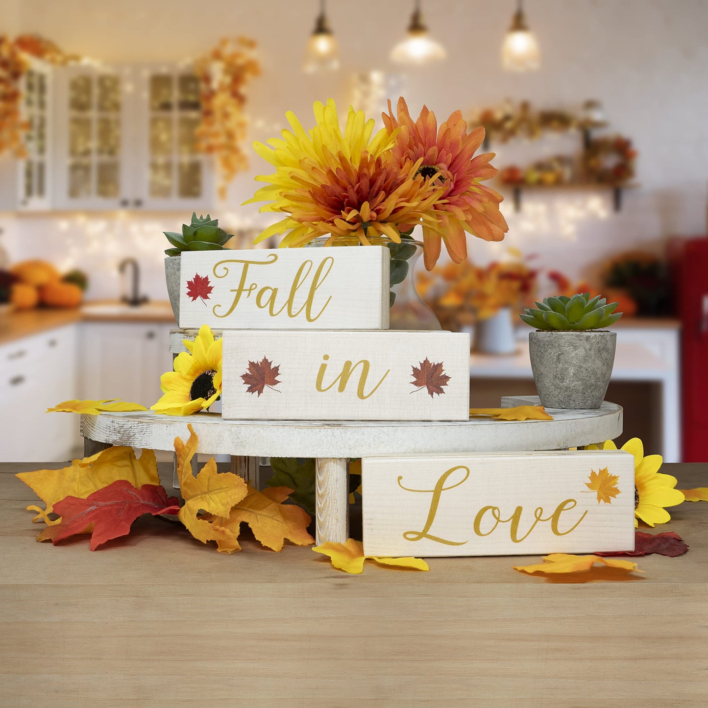 Fall in Love Wooden Blocks - Fall Decor, Wedding and Bridal Showers, Thanksgiving and Harvest Displays, Fall Tiered Tray Decoration - Made in USA