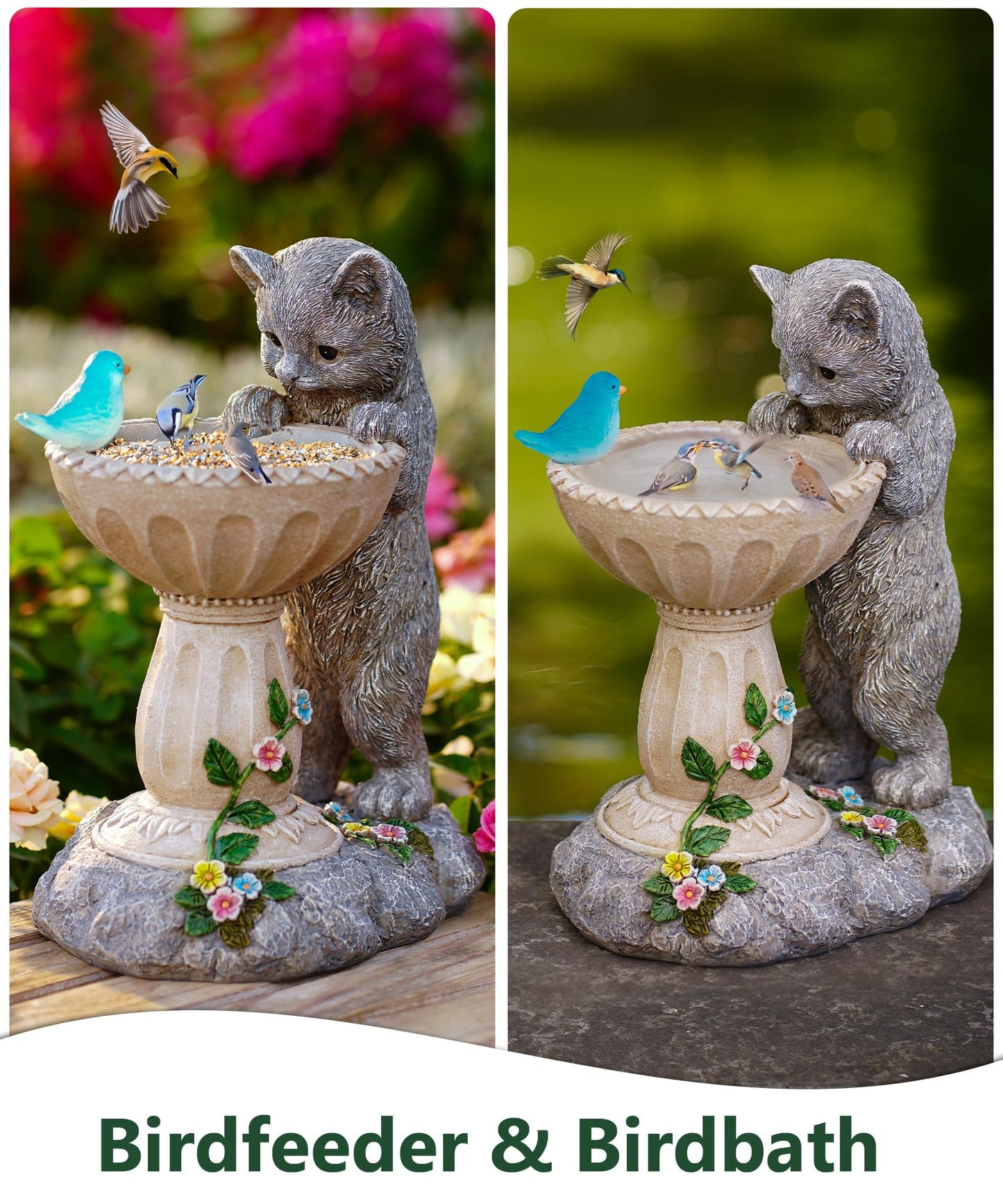 Nacome Solar Cat Statue for Garden Decor: IP44 Weatherproof Resin with Automatic Lighting - No Installation- Outdoor Yard Patio Balcony Art - Birthday Gifts for Bird Lovers Mom Grandma Women