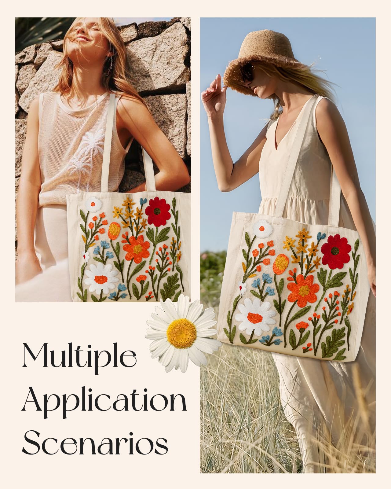 Miss Adola Embroidery Canvas Tote Bag for Women - Reusable Totes with Magnetic Buckle Cute Aesthetic Designer Shoulder Bags for Shopping Grocery Daily Work, Flower Cluster