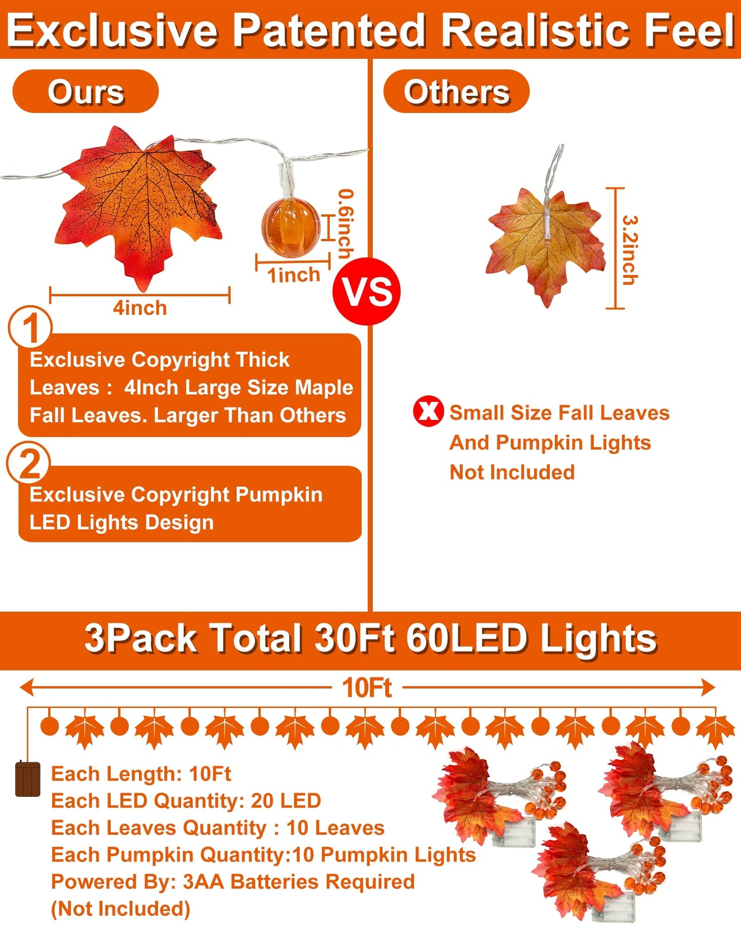 3 Pack Fall Garland with Pumpkin Lights & Enlarged Maple Fall Halloween String Lights Pumpkin Decor, 30Ft 60LED Waterproof Battery Operated Fall Decorations for Home Thanksgiving Decor Indoor Outdoor
