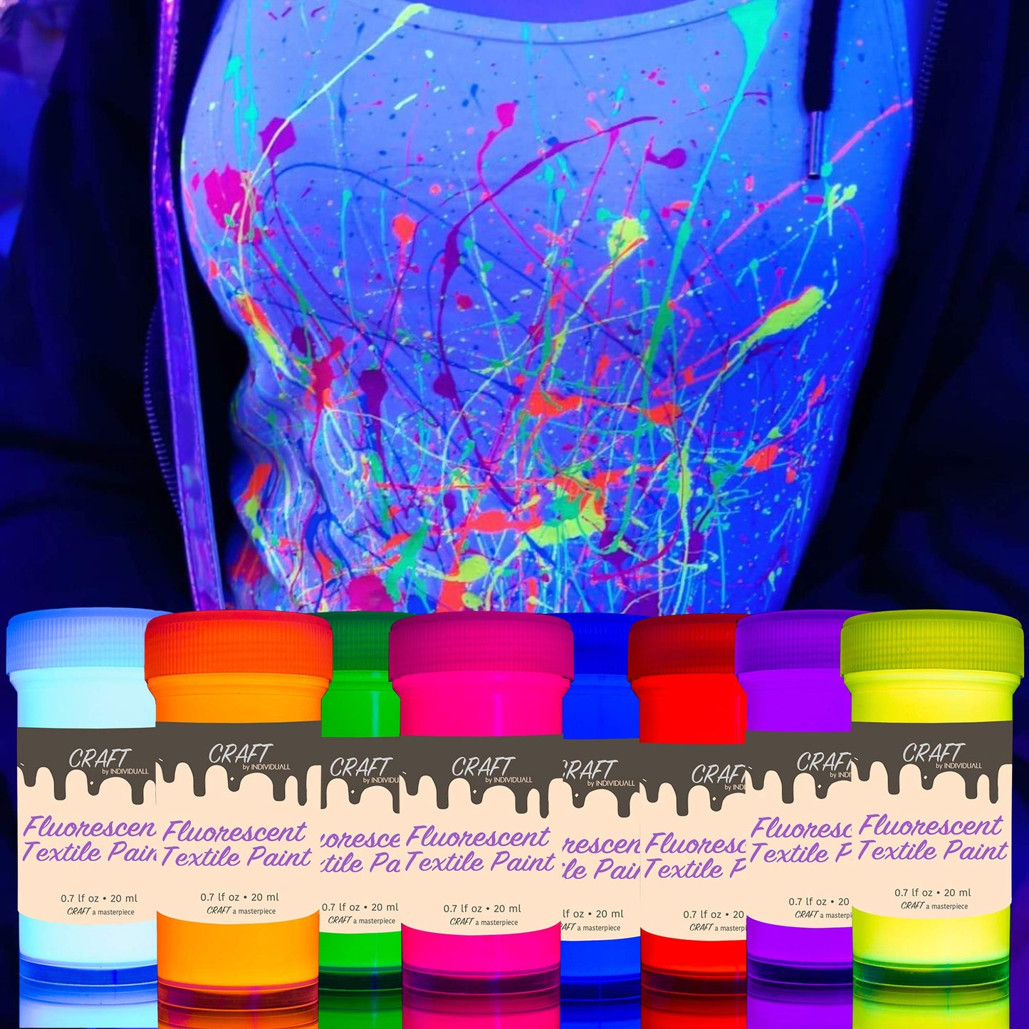 individuall Craft Textile & Fabric UV Paint - Set of 8 Fabric Neon Black Light Paints - Fluorescent Clothing Colors – Vibrant Glowing Paints - 8 x 20 ml / 0.7 fl oz