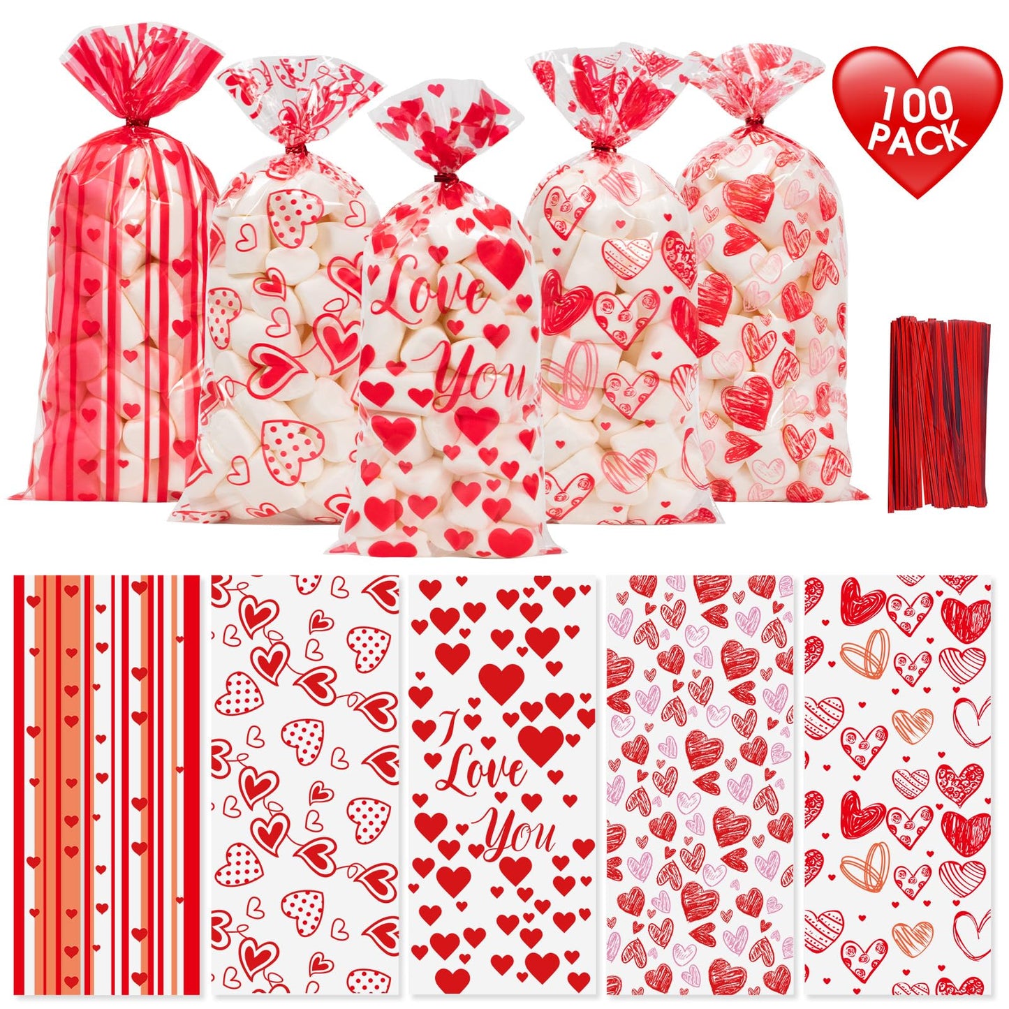 100 Pcs Valentine Treat Bags - Red Heart Cellophane Goodie Bags, Clear Plastic Happy Valentine's Day Cello Candy Gift Bag With Twist Ties for Wedding Anniversary Party Favors Supplies