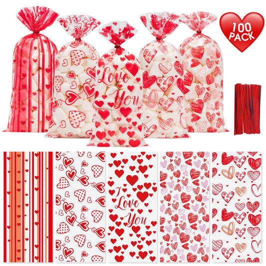 100 Pcs Valentine Treat Bags - Red Heart Cellophane Goodie Bags, Clear Plastic Happy Valentine's Day Cello Candy Gift Bag With Twist Ties for Wedding Anniversary Party Favors Supplies