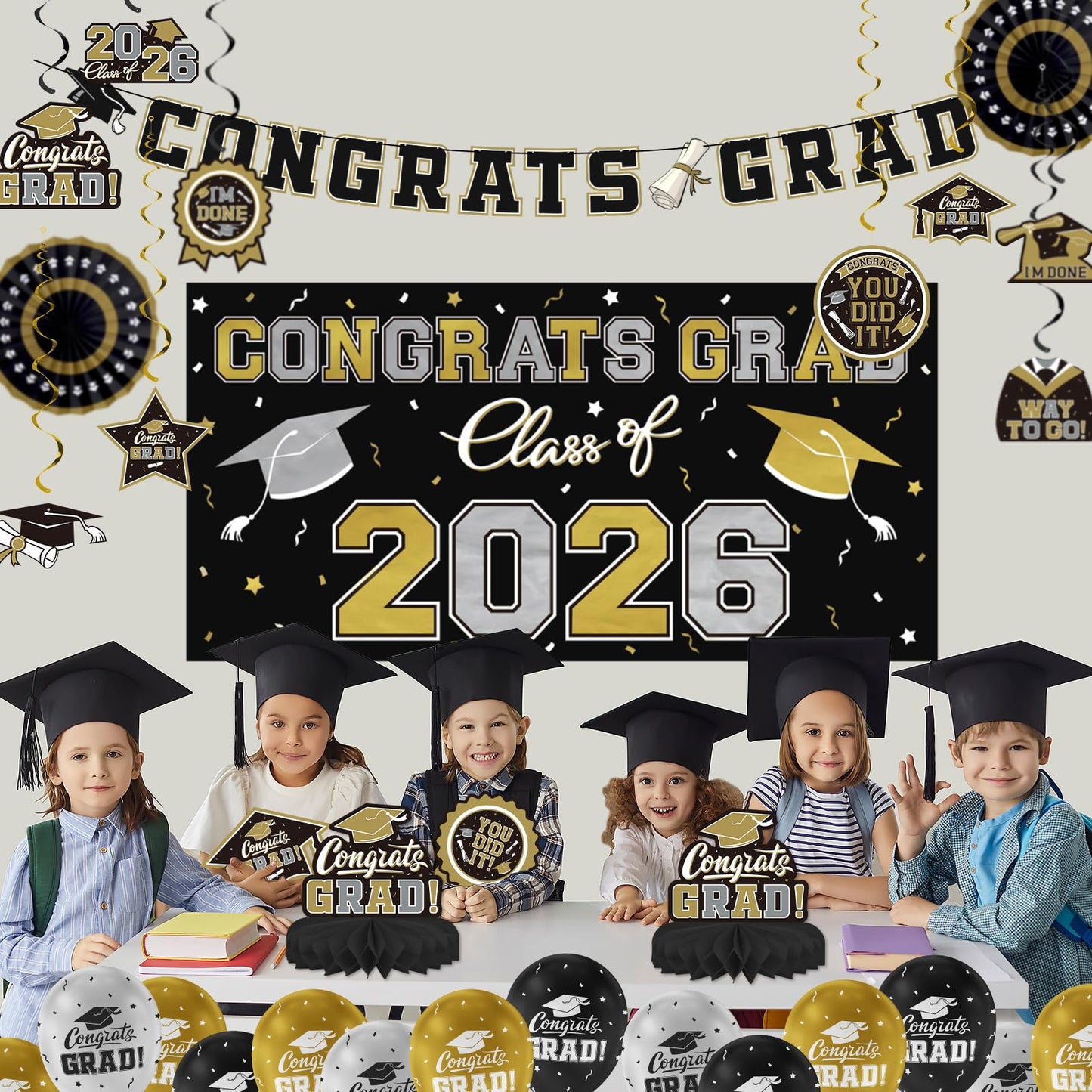 Black and Gold Themed 2026 Graduation Decorations Set - Congrats Grad Banner, Class of 2026 Backdrop, Balloons & Streamers Kit - Graduation Party Supplies for High School & College Celebrations