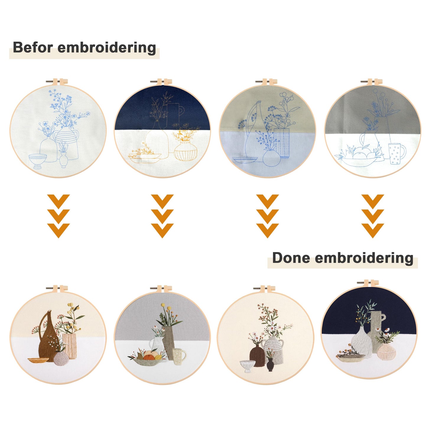 Maydear 4 Sets Embroidery Kit,Embroidery Kit for Beginners Adults, Punch Needle Kit Cross Stitch Kits with Embroidery Hoop and Instructions,Hand Embroidery Starter Kit (vase)