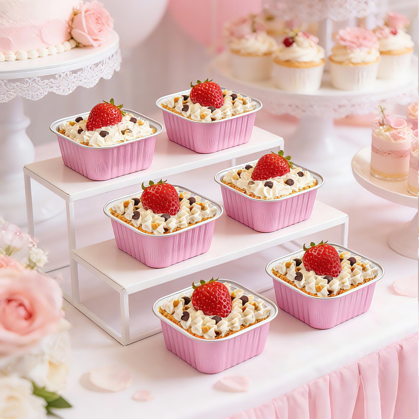 NPLUX 50 Pcs Mini Cake Pans with Lids and Spoons Aluminum Foil Mini Square Baking Cups with Lids Disposable Ramekins Cake Pans Dessert Cups for Wedding Mothers Day Gifts Party Favors(Pink,5oz)