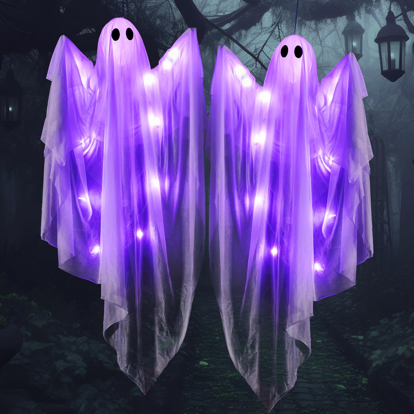 JOYIN 47” Halloween Hanging Light up Ghost Decoration Outdoor with Purple LED Light, 2 Pcs Halloween White Hanging Ghost for Haunted House Prop, Party Supplies, Front Yard Patio Garden Decor