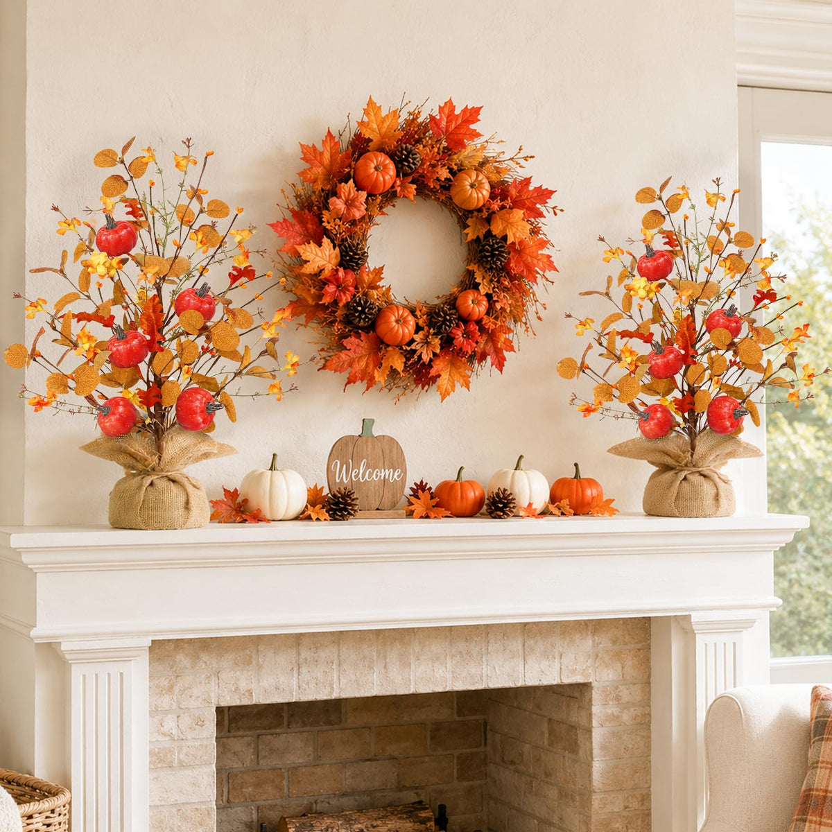 Timer & Pumpkin - Fall Decor 2 Pack 18 Inch Lighted Fall Tree Tabletop