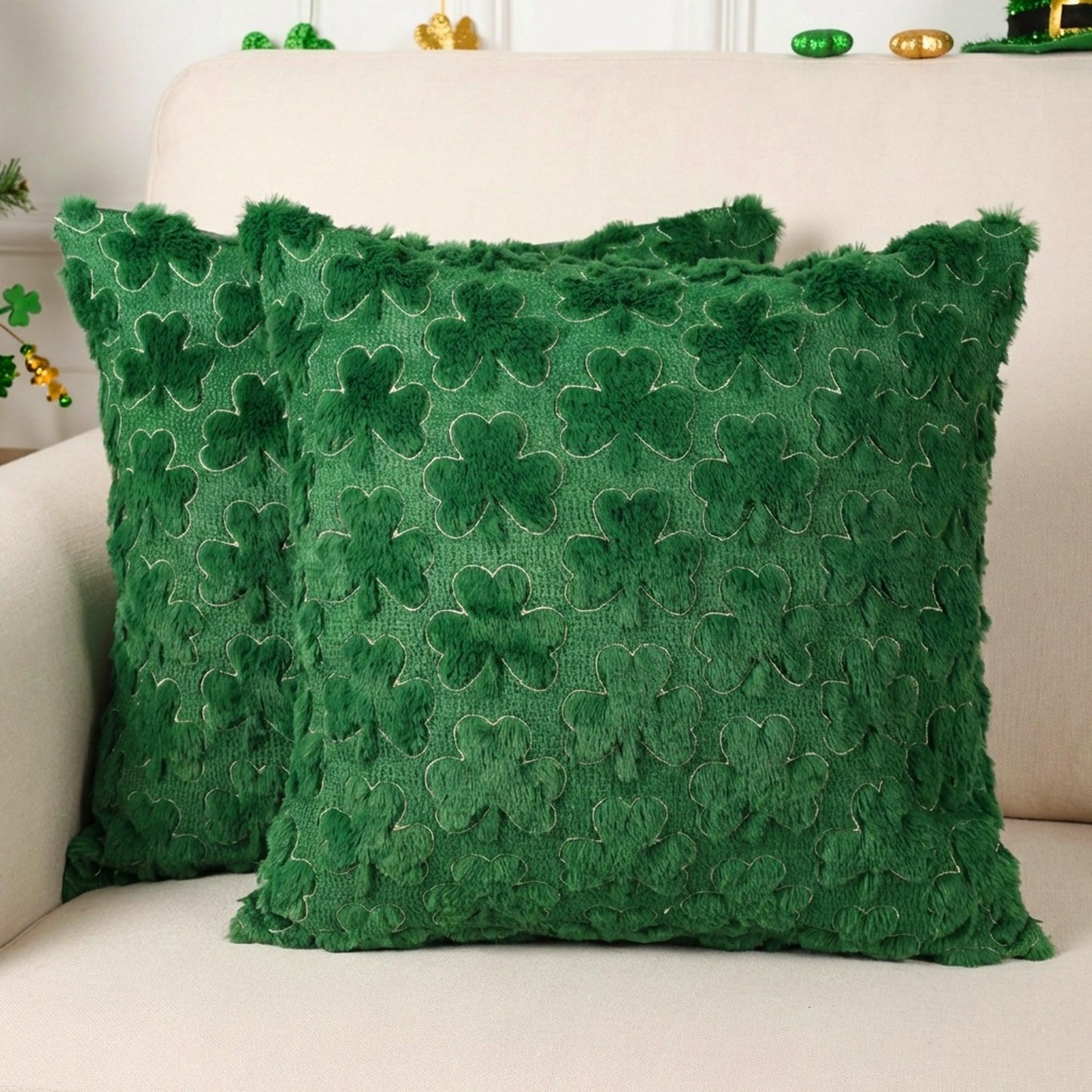 St Patricks Day Pillow Covers 18 x 18 inch Set of 2 3D Embroidered Shamrock Pillow Soft Plush Faux Fur St Patricks Day Decorations for SOFE Bedding Holiday