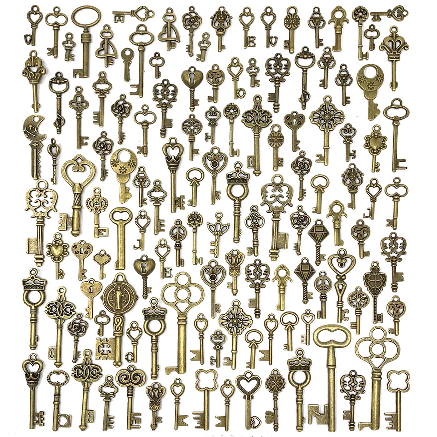 JIALEEY 125 PCS Vintage Skeleton Key Set Charms, Mixed Antique Style Bronze Brass Key Set Charms for Pendant DIY Jewelry Making Wedding Party Favors