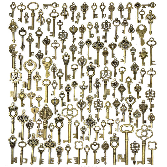 JIALEEY 125 PCS Vintage Skeleton Key Set Charms, Mixed Antique Style Bronze Brass Key Set Charms for Pendant DIY Jewelry Making Wedding Party Favors