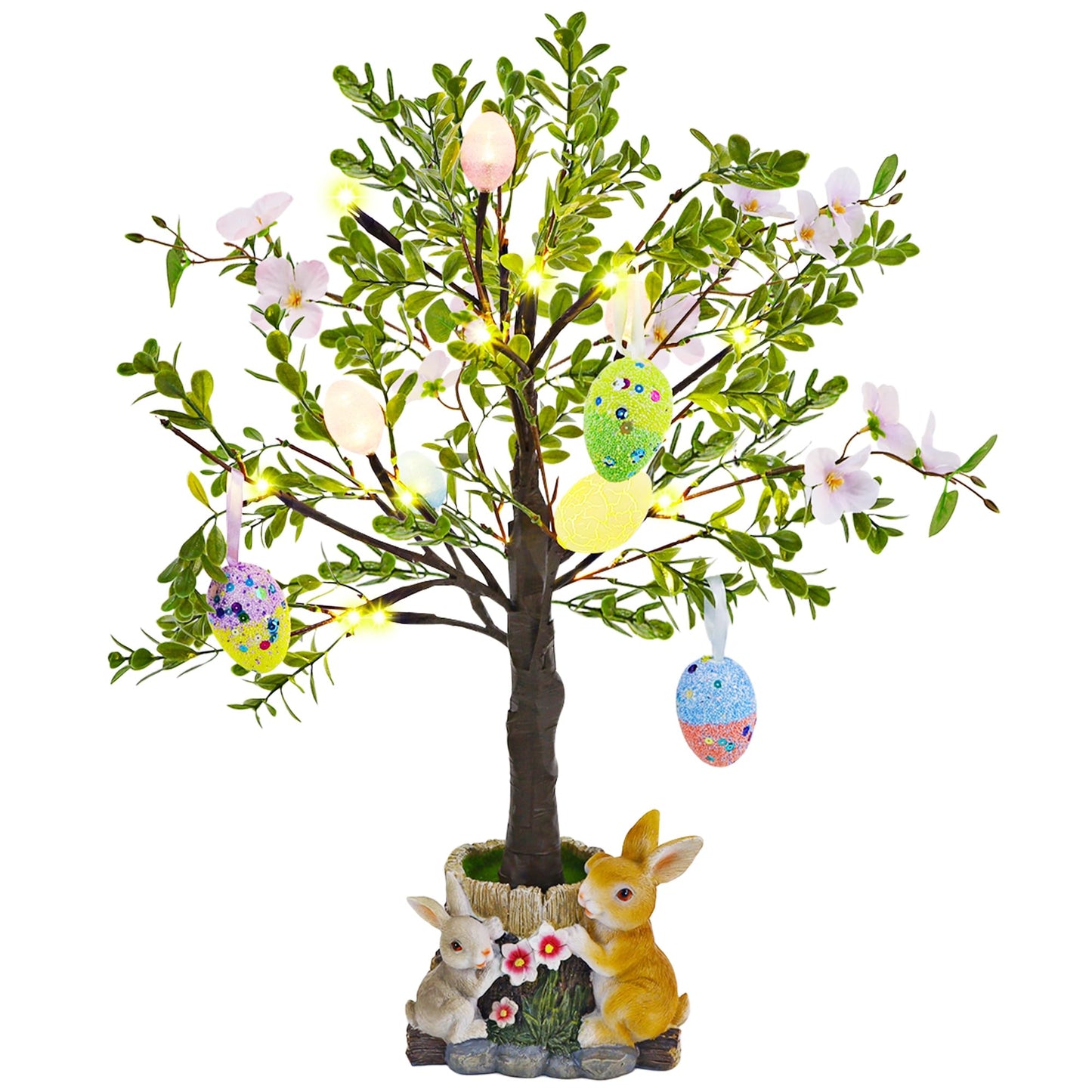 Lighted Easter Tree 23.5 Inch - Pre-Lit Easter Decorations for Table with Eggs & Bunny Pot, Spring Trees Centerpiece with Lights for Dining Room, Home, Mantel, Office Décor