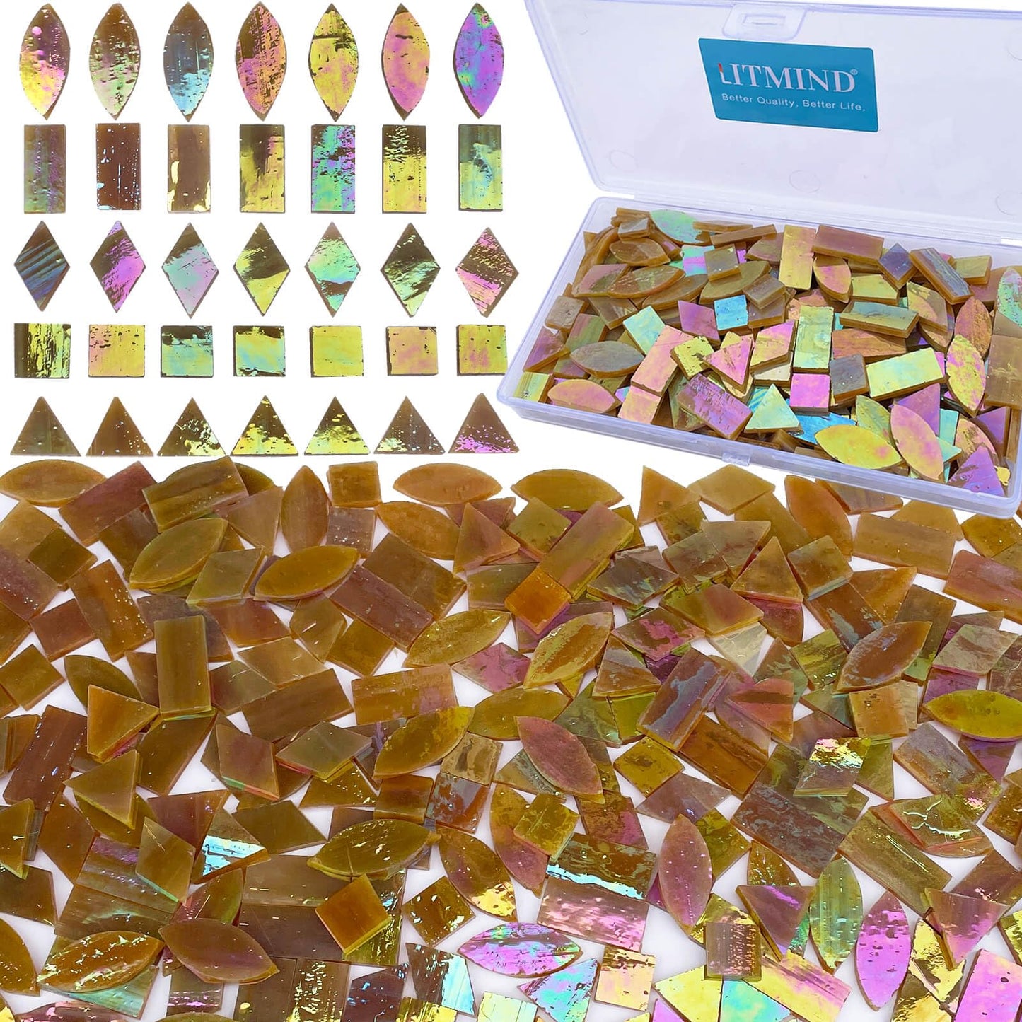 LITMIND Brown Iridescent Stained Glass Mosaic Tiles for Crafts - 240 Pieces, 5 Shapes Mixed (Rectangle, Triangle, Rhombus, Square, Leaf) - Ideal for Mosaic Making Projects