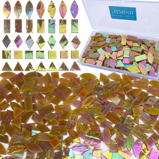 LITMIND Brown Iridescent Stained Glass Mosaic Tiles for Crafts - 240 Pieces, 5 Shapes Mixed (Rectangle, Triangle, Rhombus, Square, Leaf) - Ideal for Mosaic Making Projects