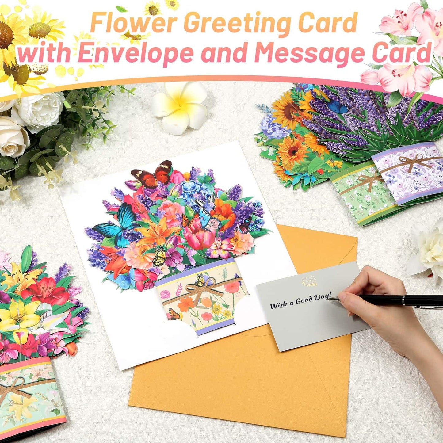 4Pack Paper Flower Pop Up Cards, Flower Bouquet Card Popup 3D Greeting Cards for Mother's Day, Graduation, Anniversary, Birthday, Congratulations, Get Well, Home Decor, with Envelope and Note