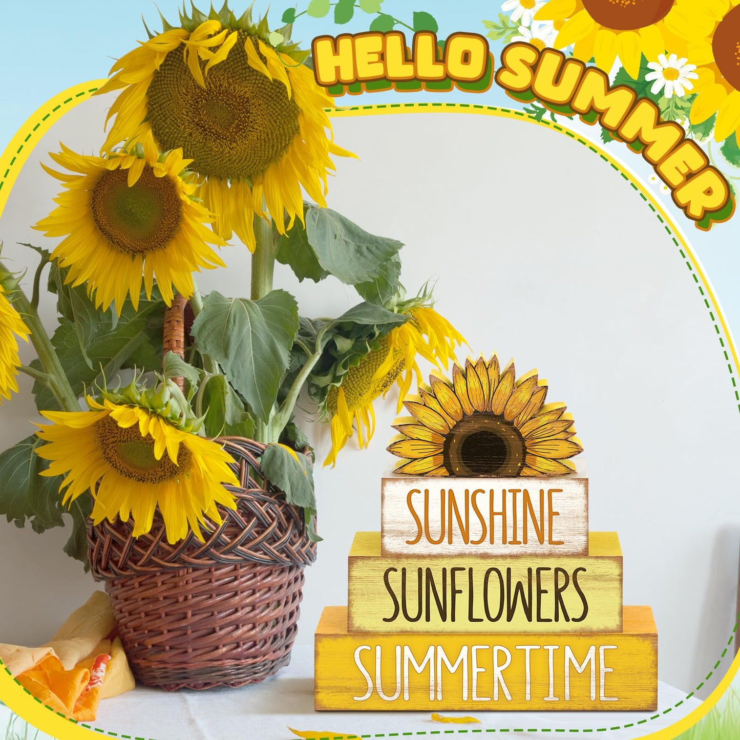 4 Pcs Summer Wooden Tiered Tray Decor Farmhouse Rustic Table Decor Books Stack Block Signs for Table & Home Office Decorations(Sunflower Style)