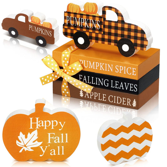 5 Pieces Fall Decor Fall Tiered Tray Decor Thanksgiving Wooden Signs 3 Mini Faux Decorative Books Bundle with Twine Pumpkin Wooden Truck Farmhouse Rustic for Autumn Thanksgiving Table Decor (Pumpkin)