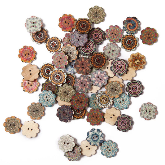 100PCS Mixed Pattern Vintage 3/4inch Wooden Buttons 2 Holes DIY Craft Sewing Random Flower Painting Buttons Hand-Made DIY Sewing Process Decorative Wooden Buttons Clothes Accessories 20mm Wood buttons