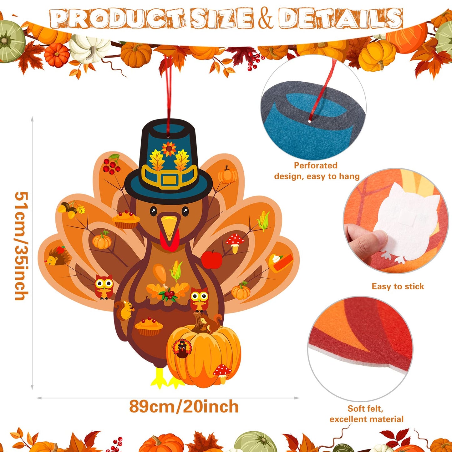 37 Pieces Fall Thanksgiving Felt Craft Kit DIY Turkey Pumpkin Felt Set with 36 Detachable Fall Maple Leaves Squirrel Pine Cones Corns Ornaments for Kids Present Classroom Craft (Classic Style)
