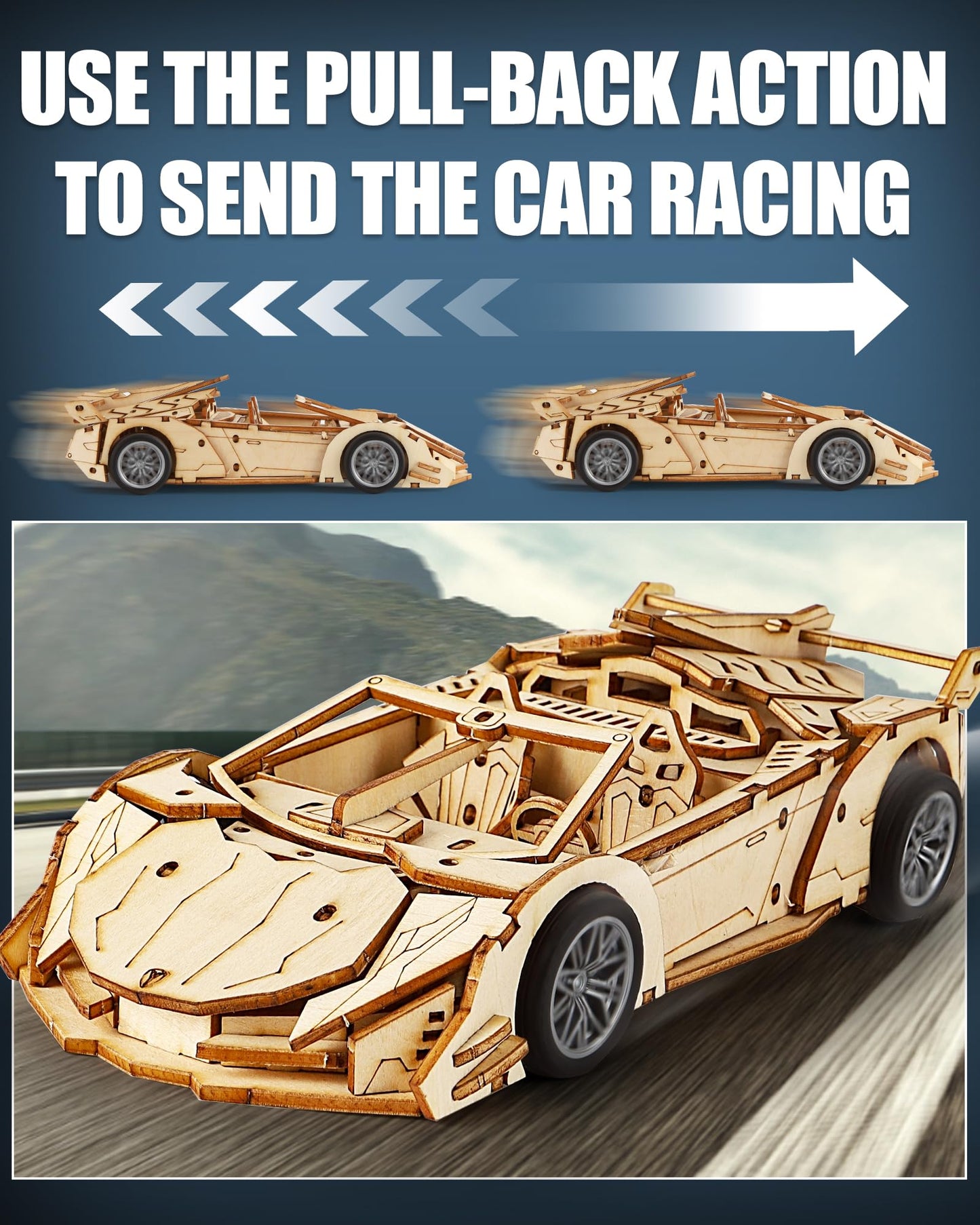 MOCBURIKU 3D Wooden Puzzles for Adults Roadster, Mechanical Wood Sport Car Model Kits for Adult to Build, DIY Assembly Building Toys with Pull Back Function, 119pcs Wood Craft Hobby Gift for Men Teens