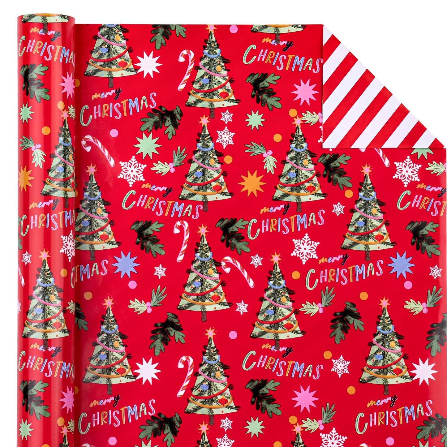 Reversible Christmas Wrapping Paper - Mini Roll - 17 Inch x 33 Feet - Red Christmas Tree Wrapping Paper and Stripe Design for Holiday, Party Celebration