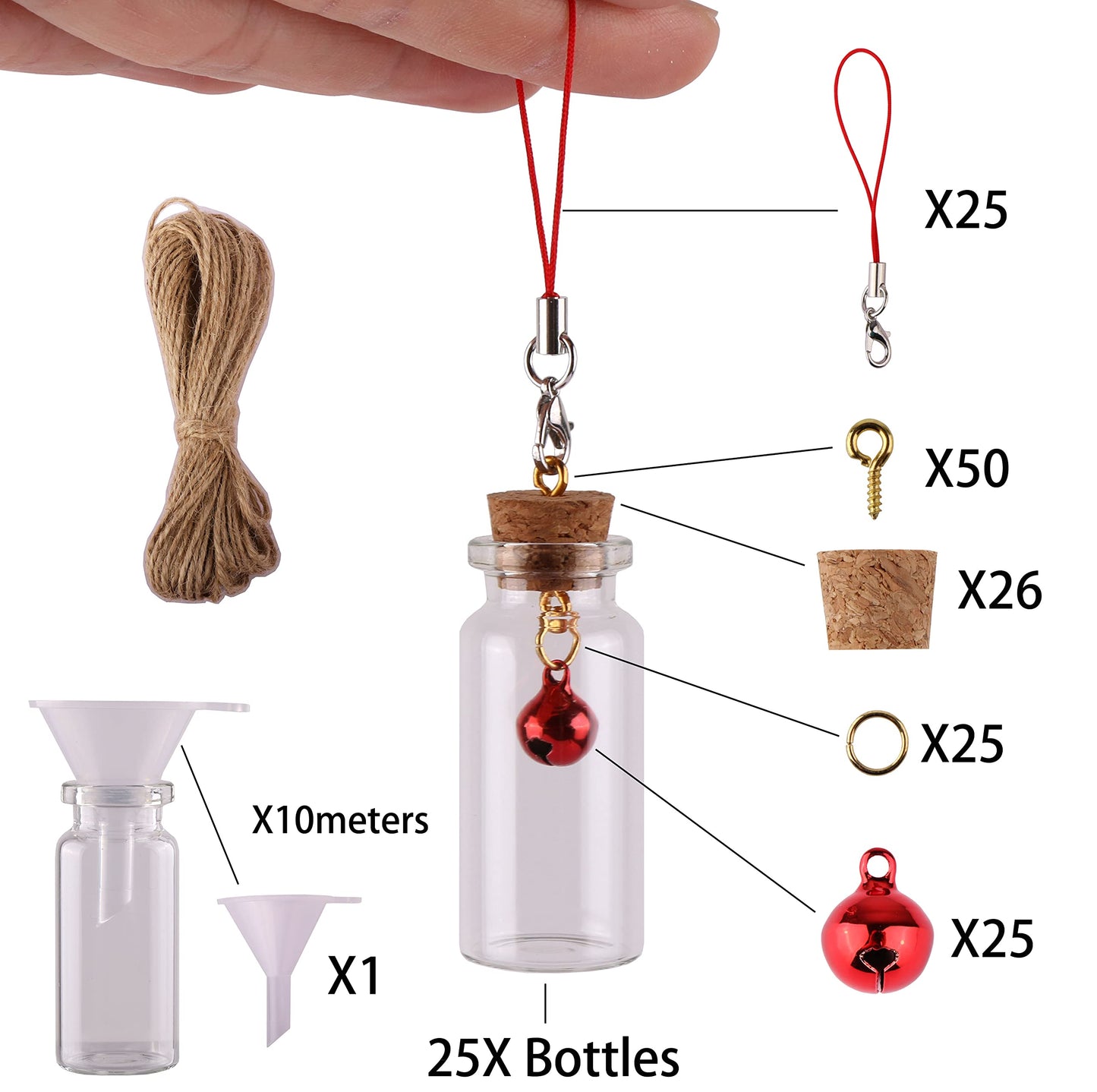 MaxMau 25pcs Small Glass Bottles with Cork Stoppers DIY Art Craft Storage 10ml Mini Glass Vials,Tiny Jars for Wedding Party Favors Home Decoration with Connection Accessories Twine Bell