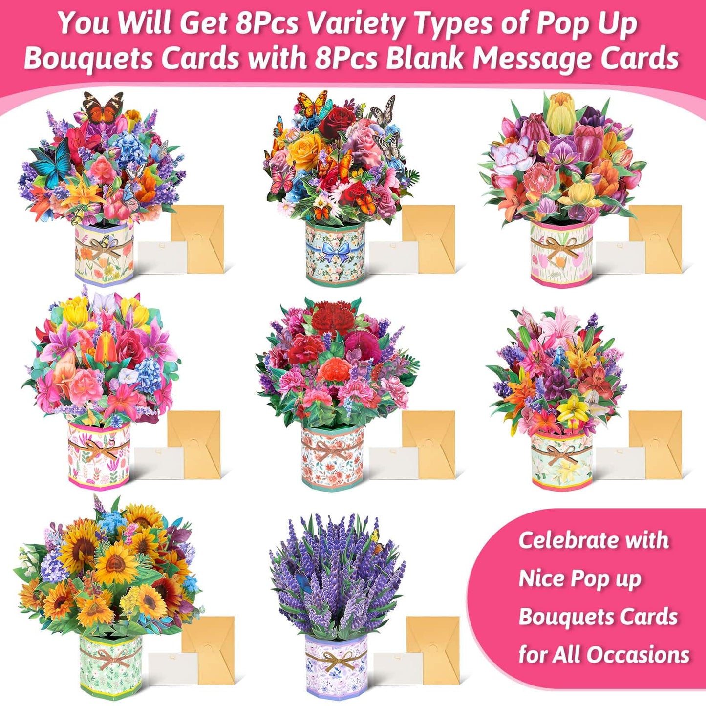 8 Pack Paper Flower Pop Up Cards, Flower Bouquet Card Popup 3D Greeting Cards for Mother's Day, Graduation, Anniversary, Birthday, Congratulations, Get Well, Home Decor, with Envelope and Note