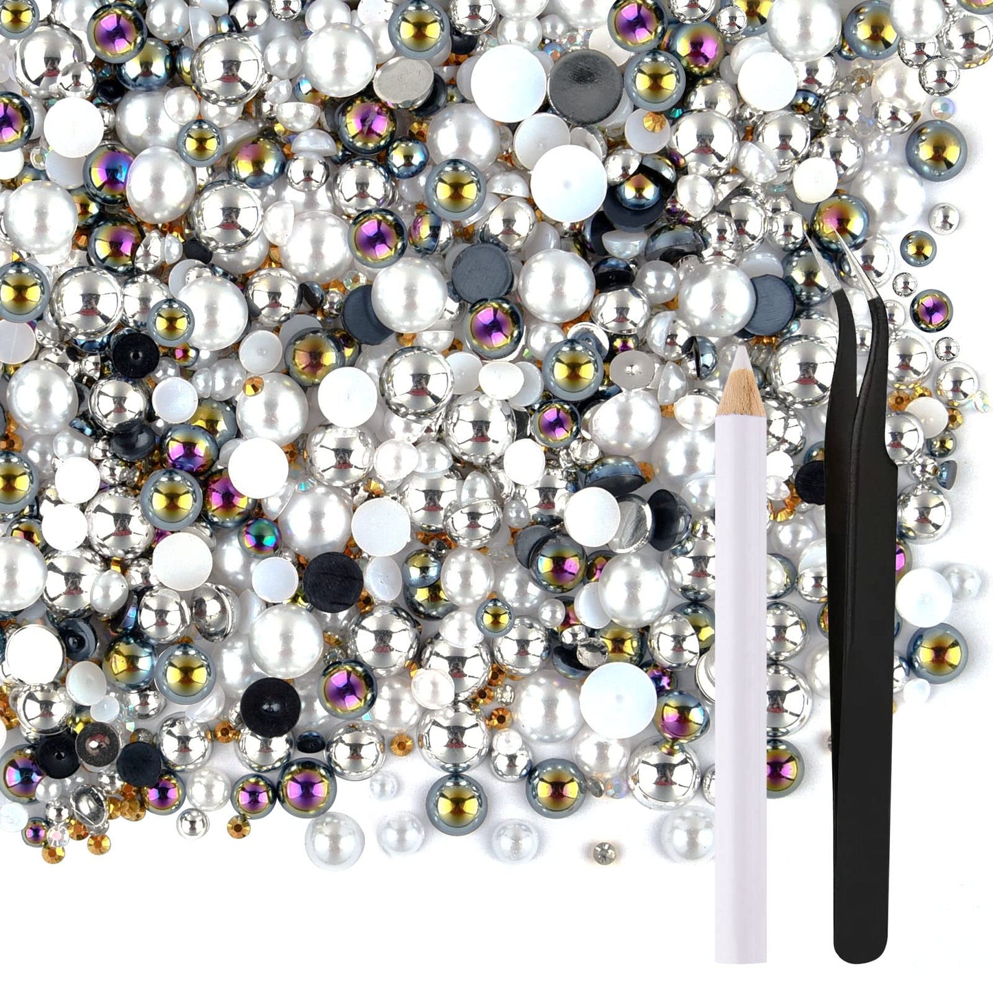 ASTARON 50g Mix Flatback Rhinestones Half Pearls for Crafts Mixed Size 3mm-10mm Flat Back Rhinestones for Crafts Flatback Pearls for DIY Tumblers Mugs Nail Art Shoes Clothes (Black White Series)