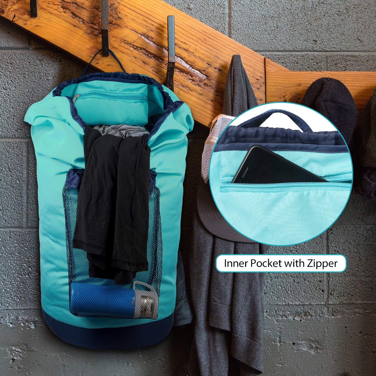 Laundry Backpack with Shoulder Straps and Mesh Pocket Durable Nylon Clothes Hamper Bag with Drawstring Closure for College, Travel, Laundromat, Apartment