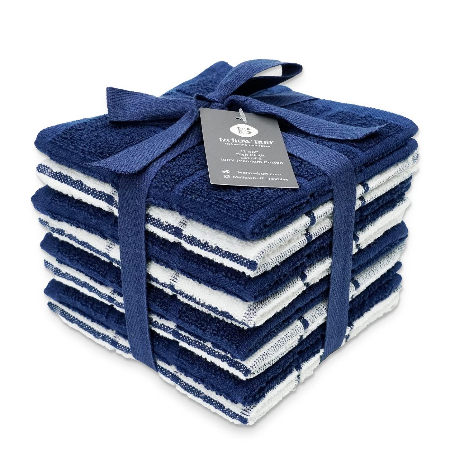 100% Cotton Terry Dish Cloth & Dish Towel, 6 Pack, Super Soft and Absorbent Kitchen Towels, Perfect for Kitchen Cleaning and Dish Washing (Navy (Solid and Check) 8 Pack)