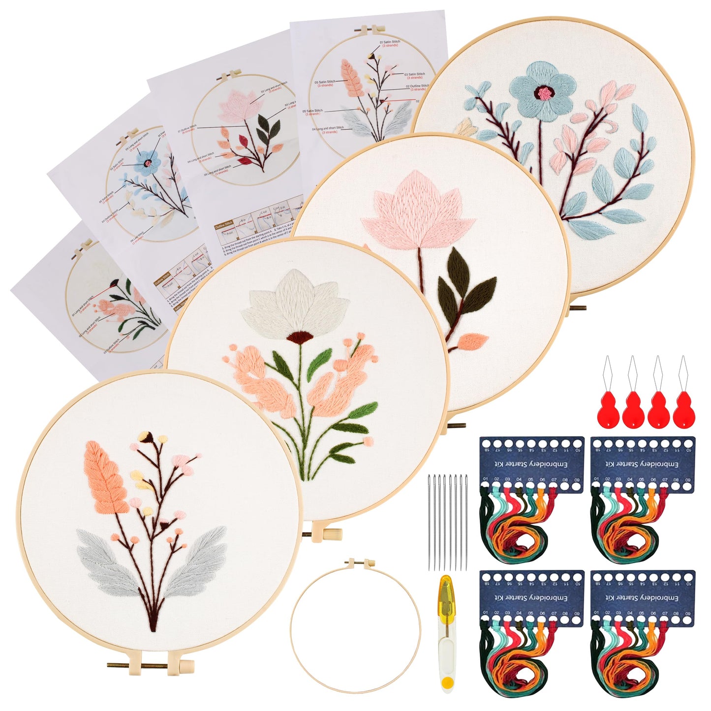 Maydear 4 Sets Embroidery Kit Punch Needle Kit,Embroidery Kit for Beginners Cross Stitch Kits with Embroidery Hoop and Instructions, Hand Embroidery Starter Kit for Adults (Four Flowers)