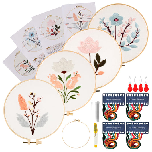 Maydear 4 Sets Embroidery Kit Punch Needle Kit,Embroidery Kit for Beginners Cross Stitch Kits with Embroidery Hoop and Instructions, Hand Embroidery Starter Kit for Adults (Four Flowers)