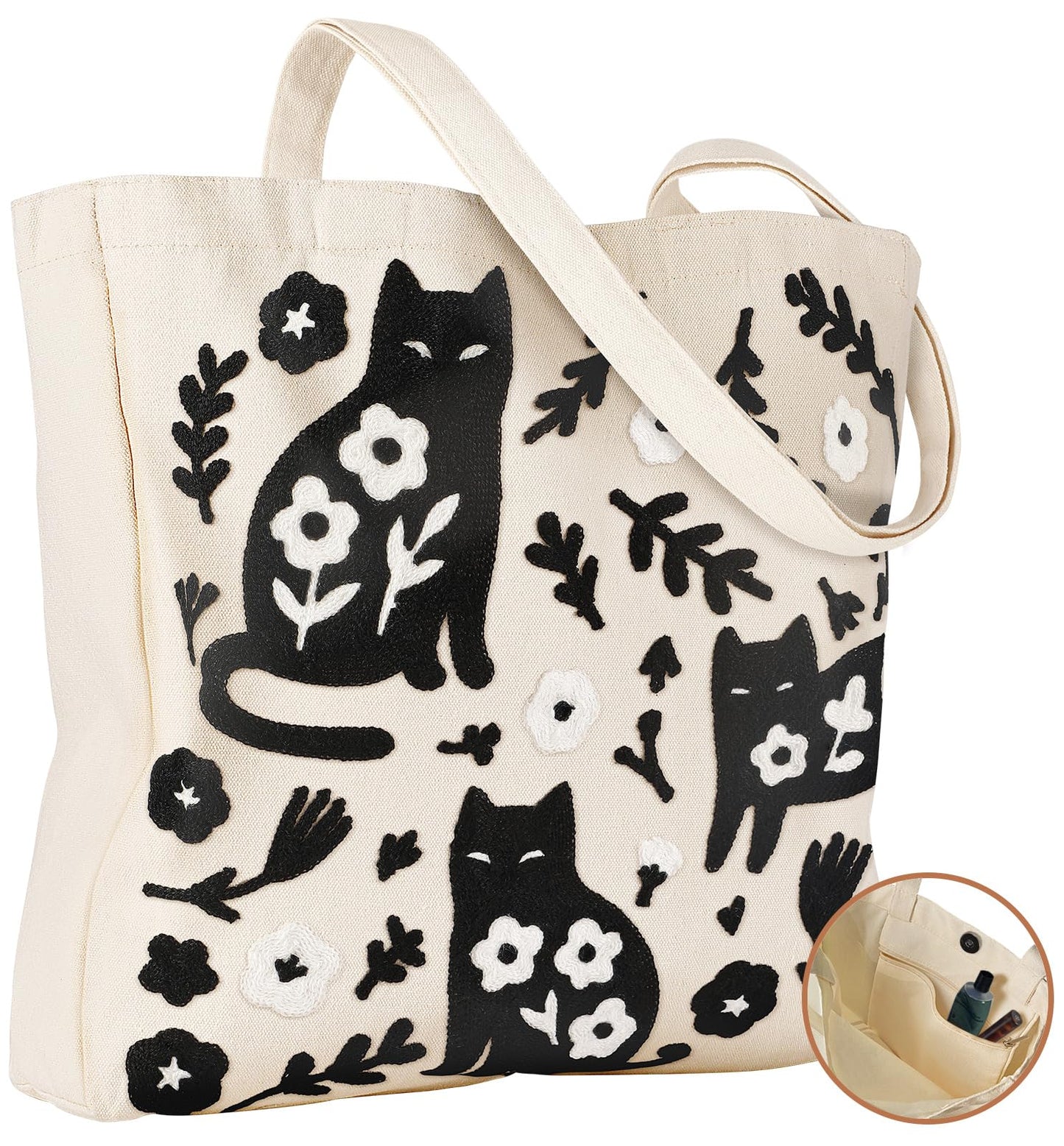 Miss Adola Embroidery Canvas Tote Bag for Women - Reusable Totes with Pocket & Magnetic Buckle Cute Aesthetic Designer Shoulder Bags for Shopping Grocery Daily Work, Black Cat Flower