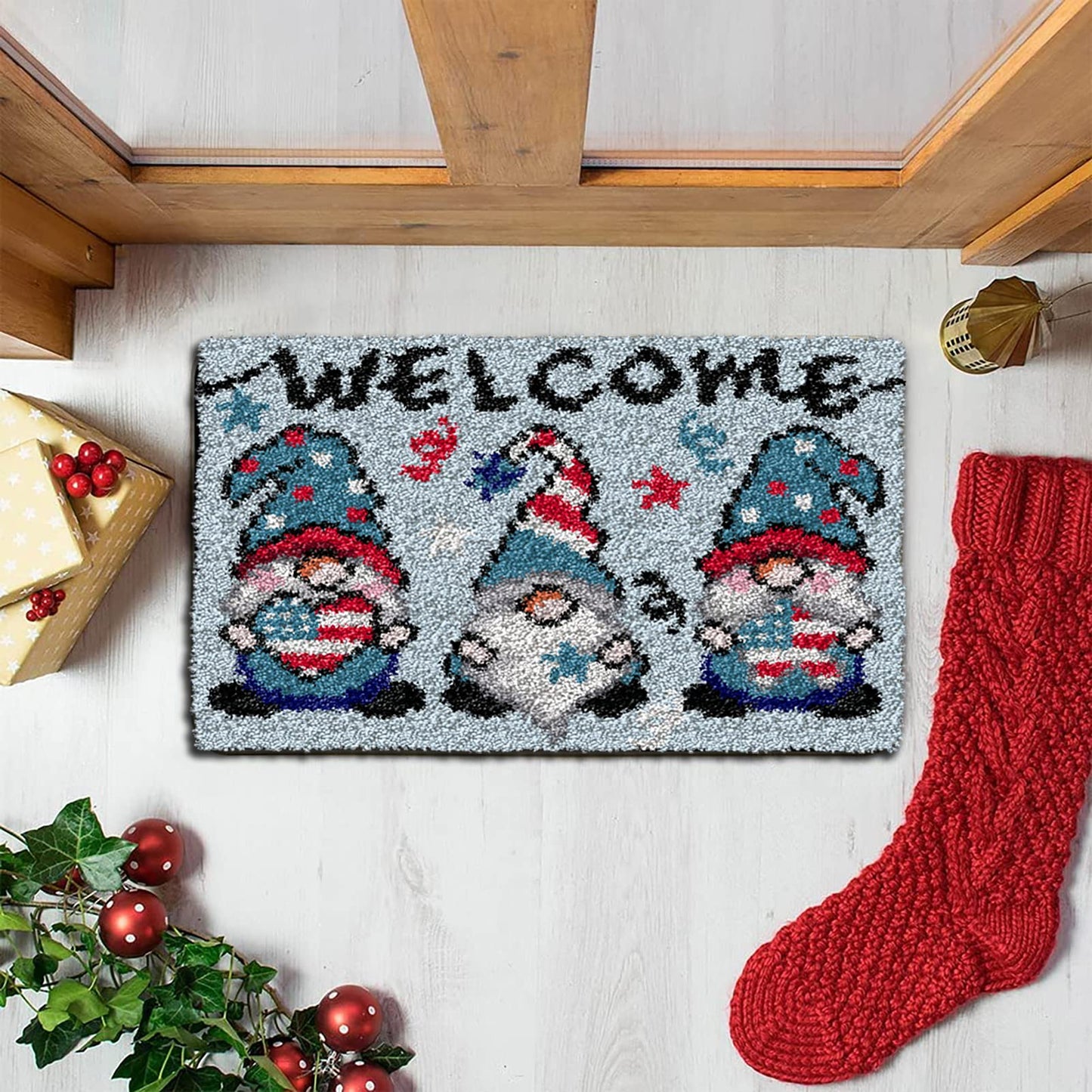 Latch Hook Kits for Adults Kids Christmas Rug Making Kits with Printed Canvas Carpet Tapestry Kits DIY Needlework Doormat Creative Gift Home Decoration 20.5Inch X13.8Inch (Blue)