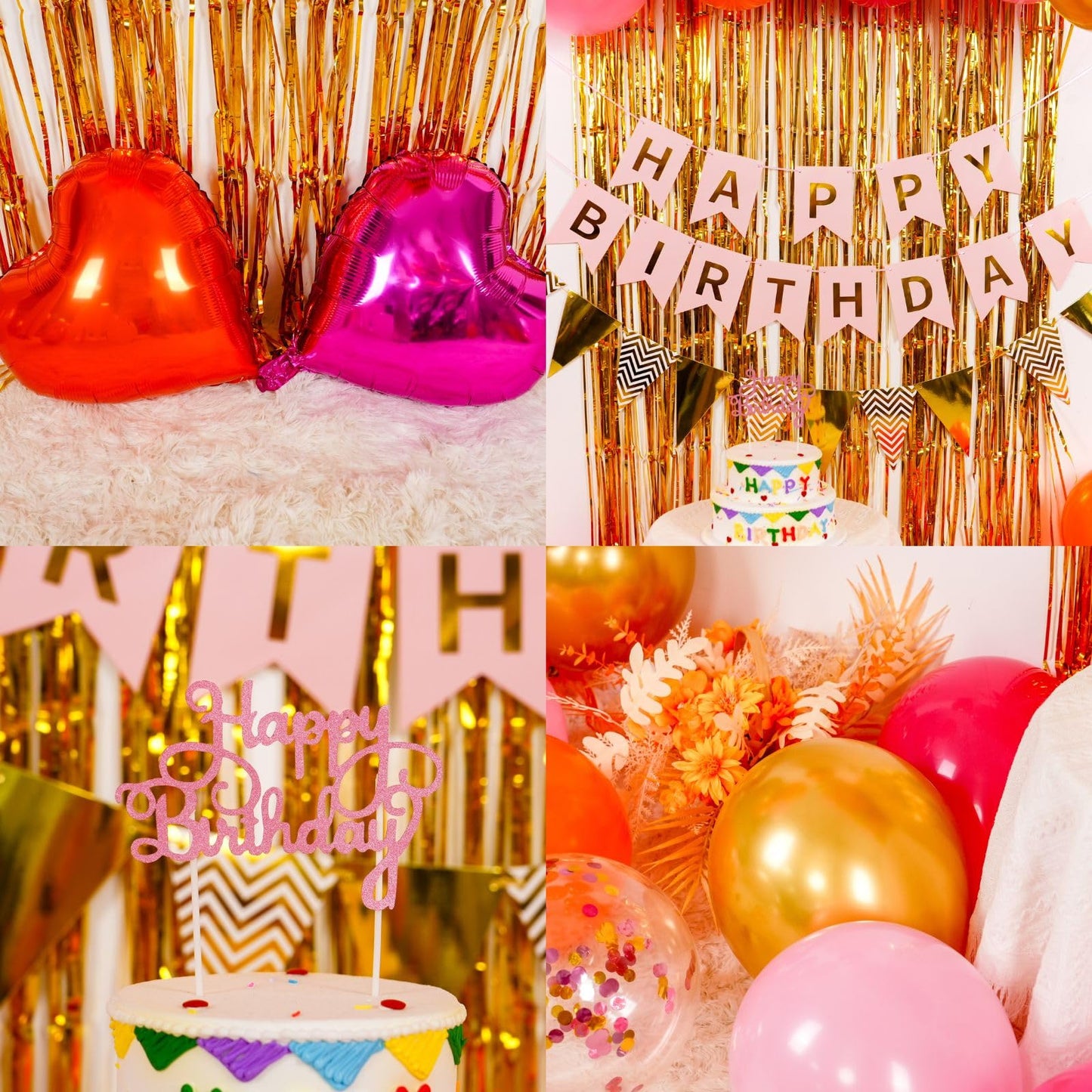 Pink Orange Party Decorations,Birthday Decorations with Hot Pink Orange Gold Balloons Happy Birthday Banner Fringe Curtain for Girls Women Teens Kids Party Decor